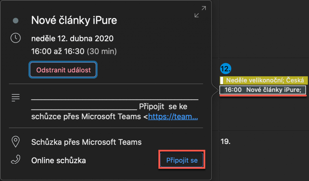 Připojení ke schůzce Teams v Outlooku pro Mac