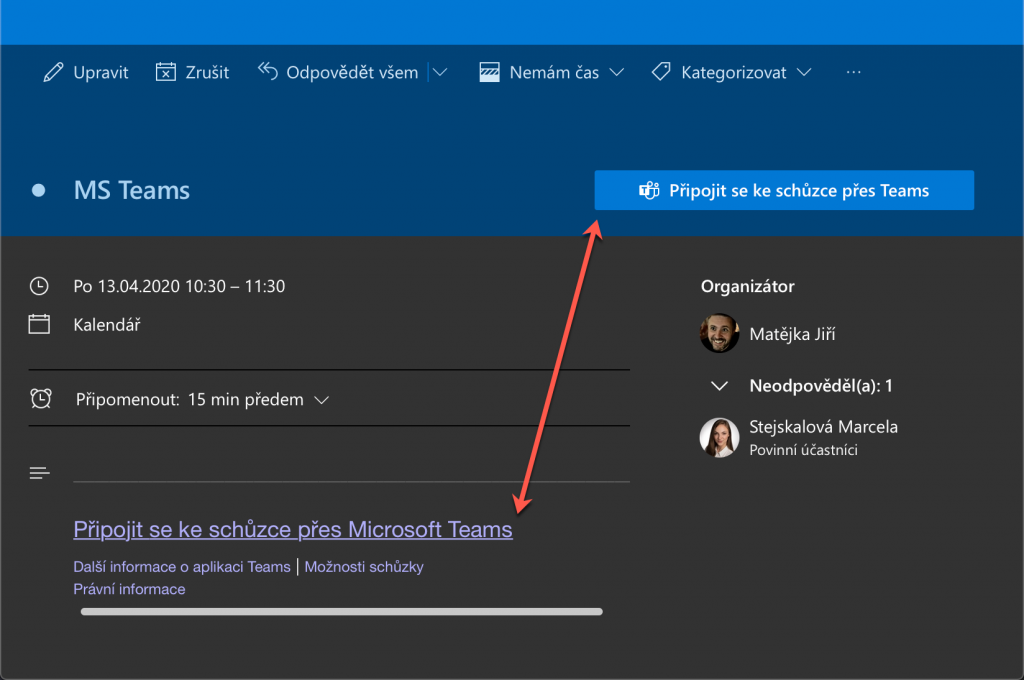 Připojení ke schůzce Teams v Outlooku pro web